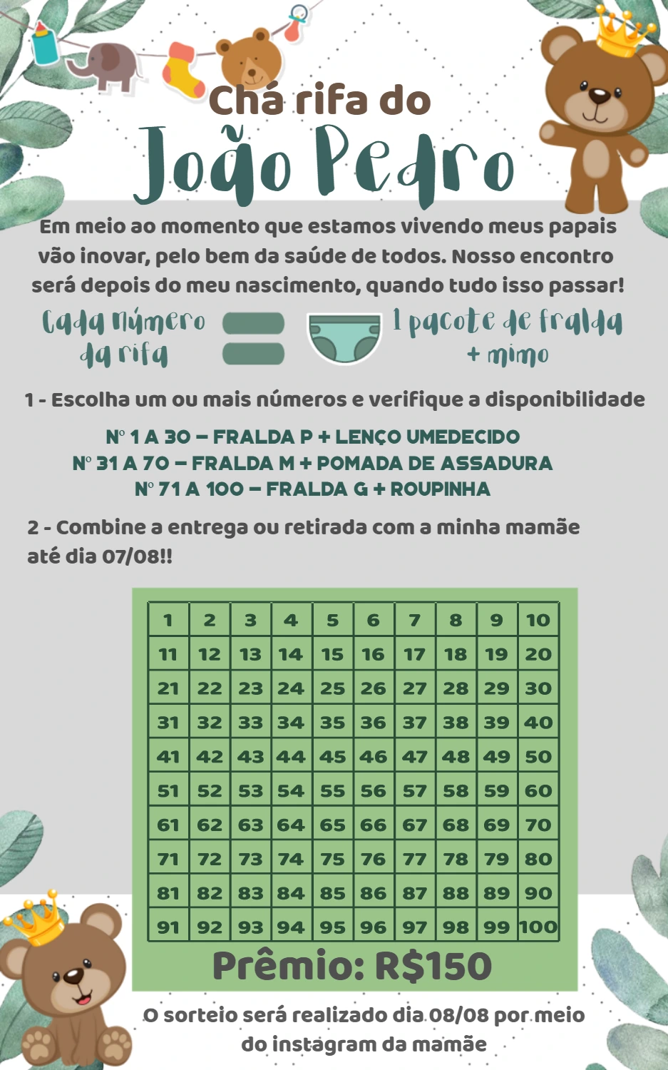Chá Rifa Ursinho Príncipe: Convite Editável Online para Menino