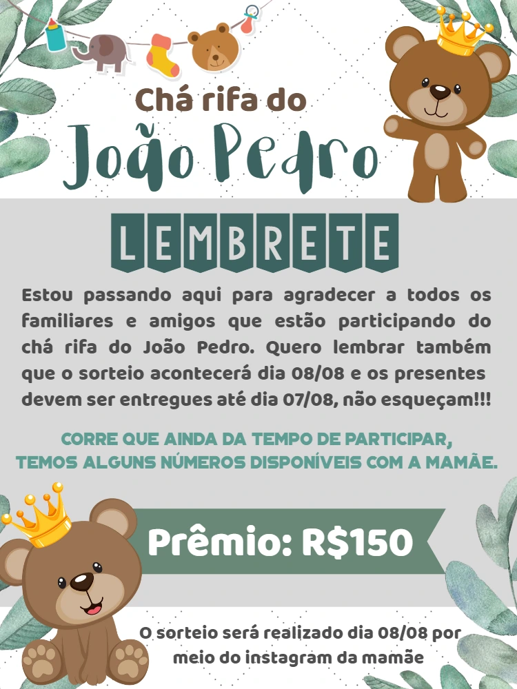 Convite Chá Rifa Ursinho Príncipe para Editar Online
