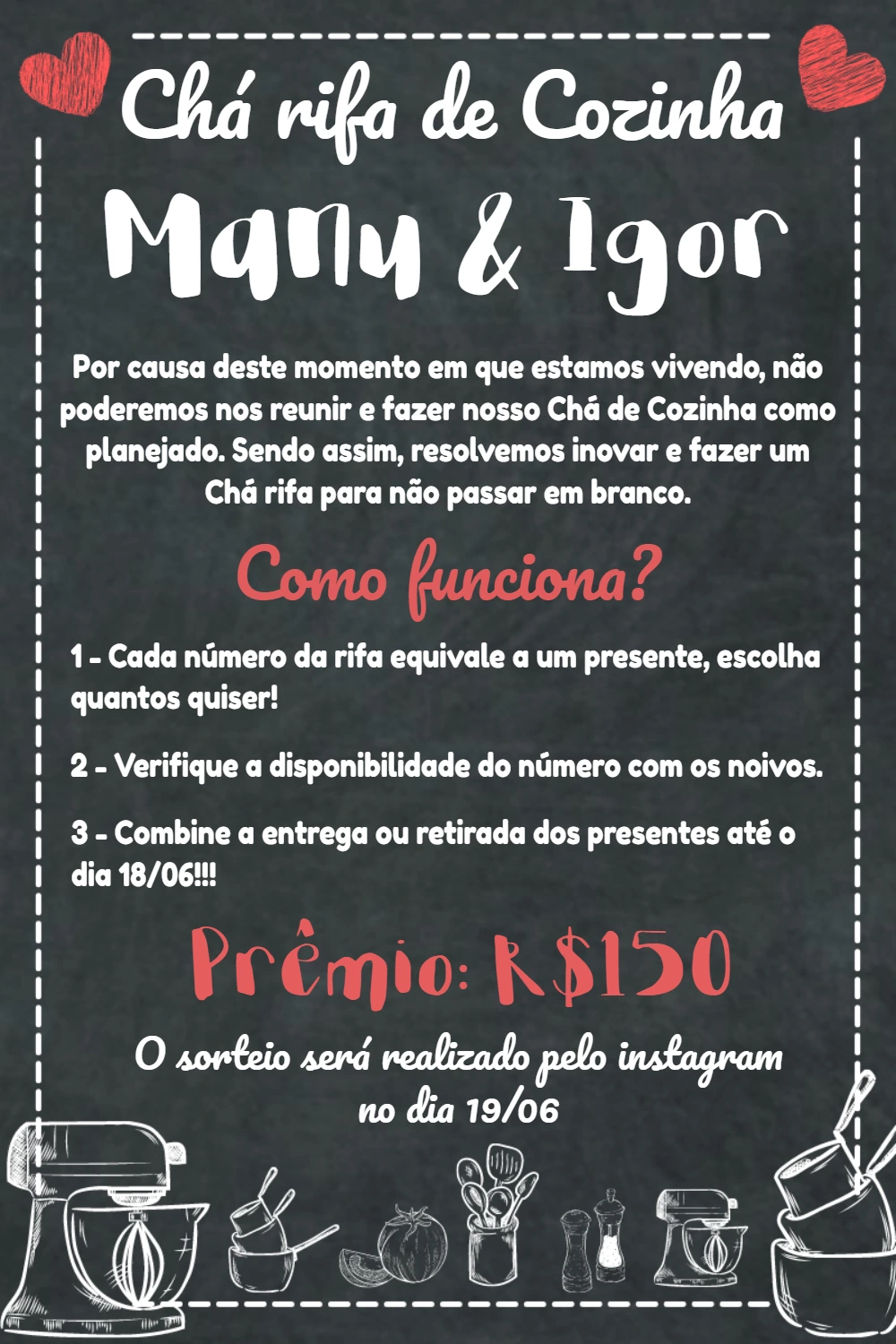 Convite Chá Rifa de Cozinha Quadro Negro para Editar Online