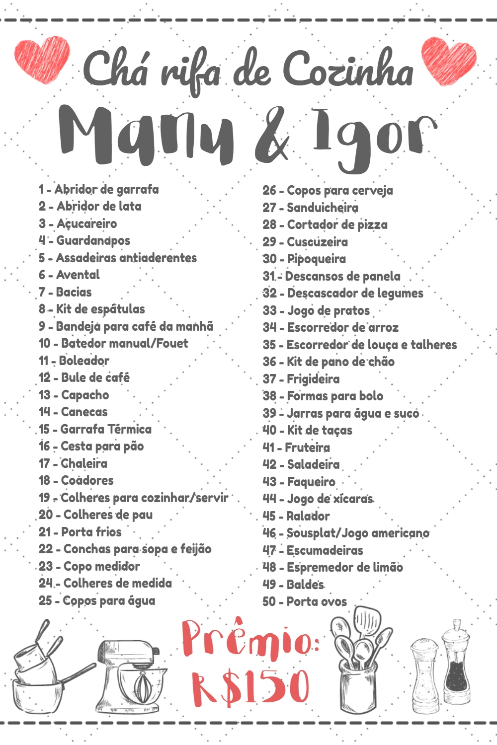 Convite Chá Rifa de Cozinha com Corações para Editar Online