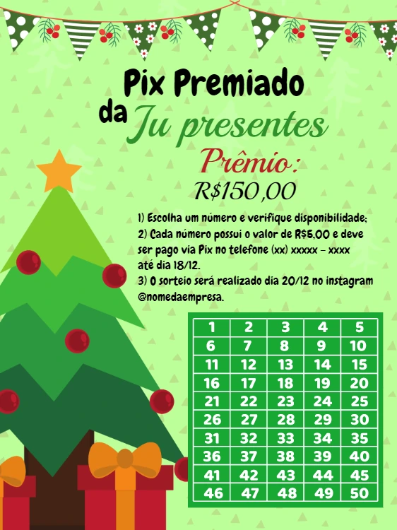 Rifa Pix Premiado de Natal com Cartela para Editar Online