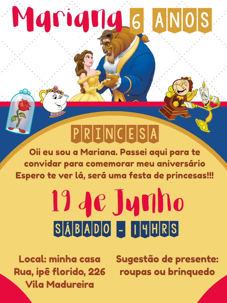 Convite de Aniversário A Bela e a Fera para Editar Online