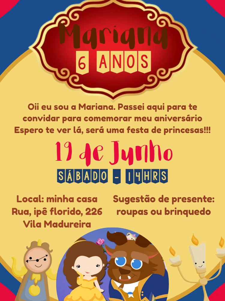 Convite Aniversário A Bela e a Fera para Editar Online
