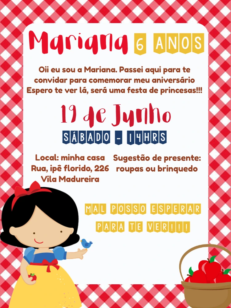 Convite de Aniversário Branca de Neve para Editar Online