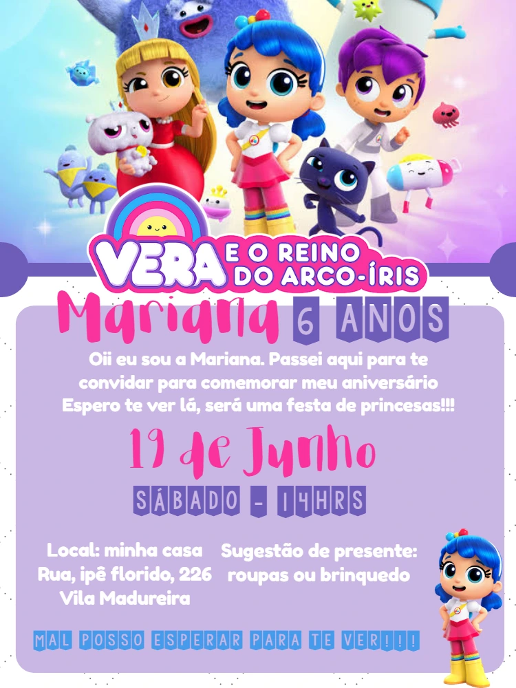 Convite de Aniversário Vera e o Reino do Arco-Íris para Editar