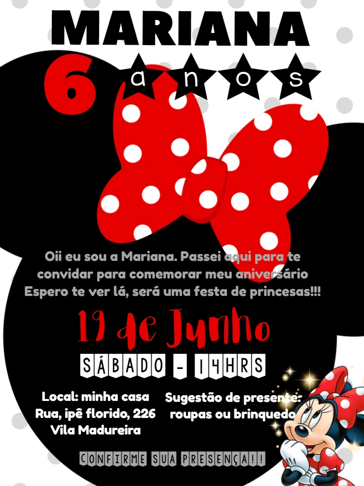 Convite de Aniversário Minnie Vermelha para Editar Online