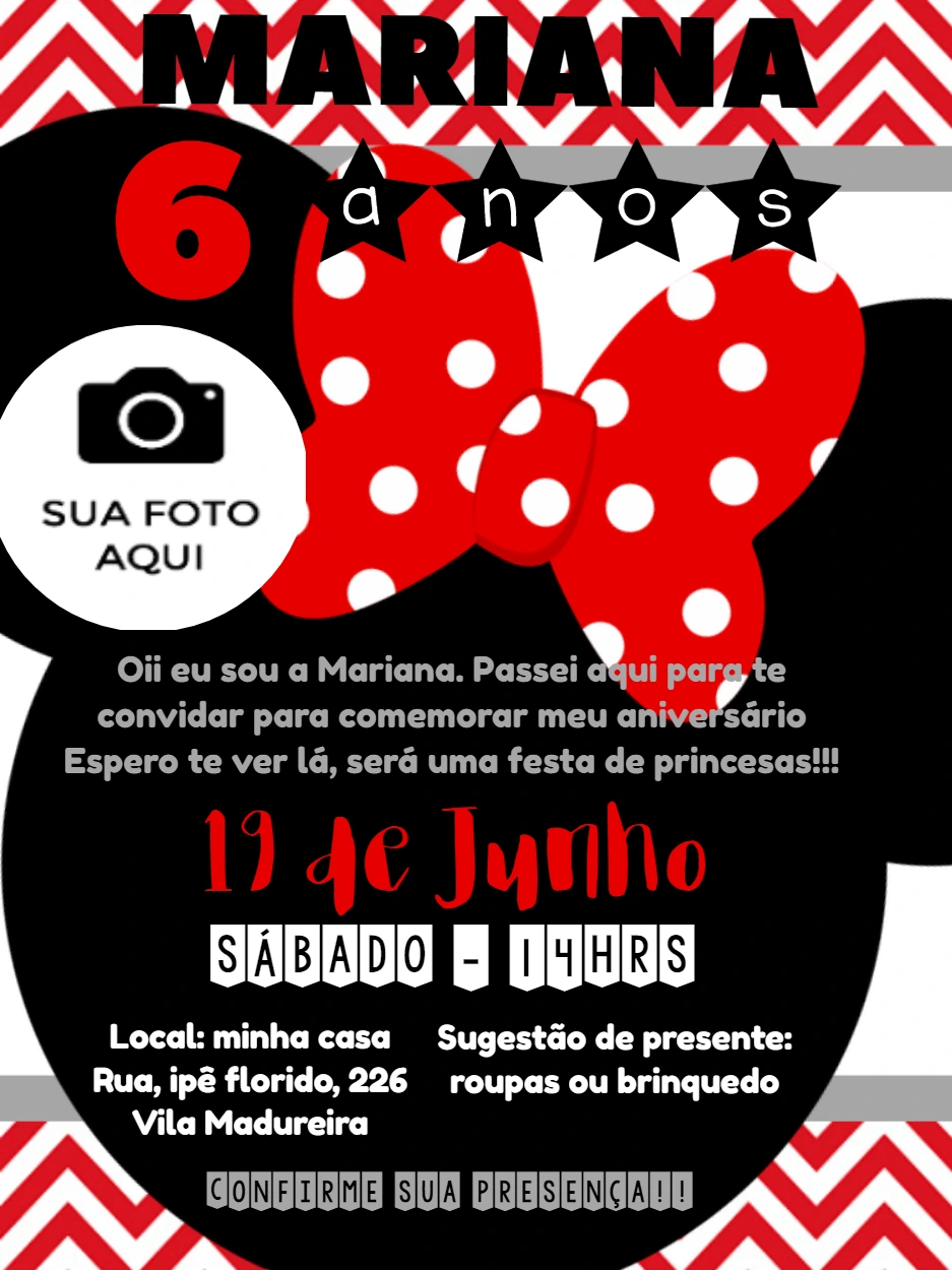 Convite Aniversário Minnie Mouse com Foto para Editar Online