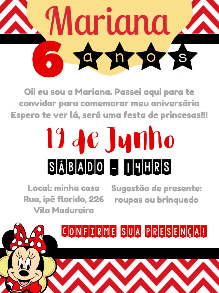 Convite de Aniversário Minnie Mouse Vermelha para Editar Online