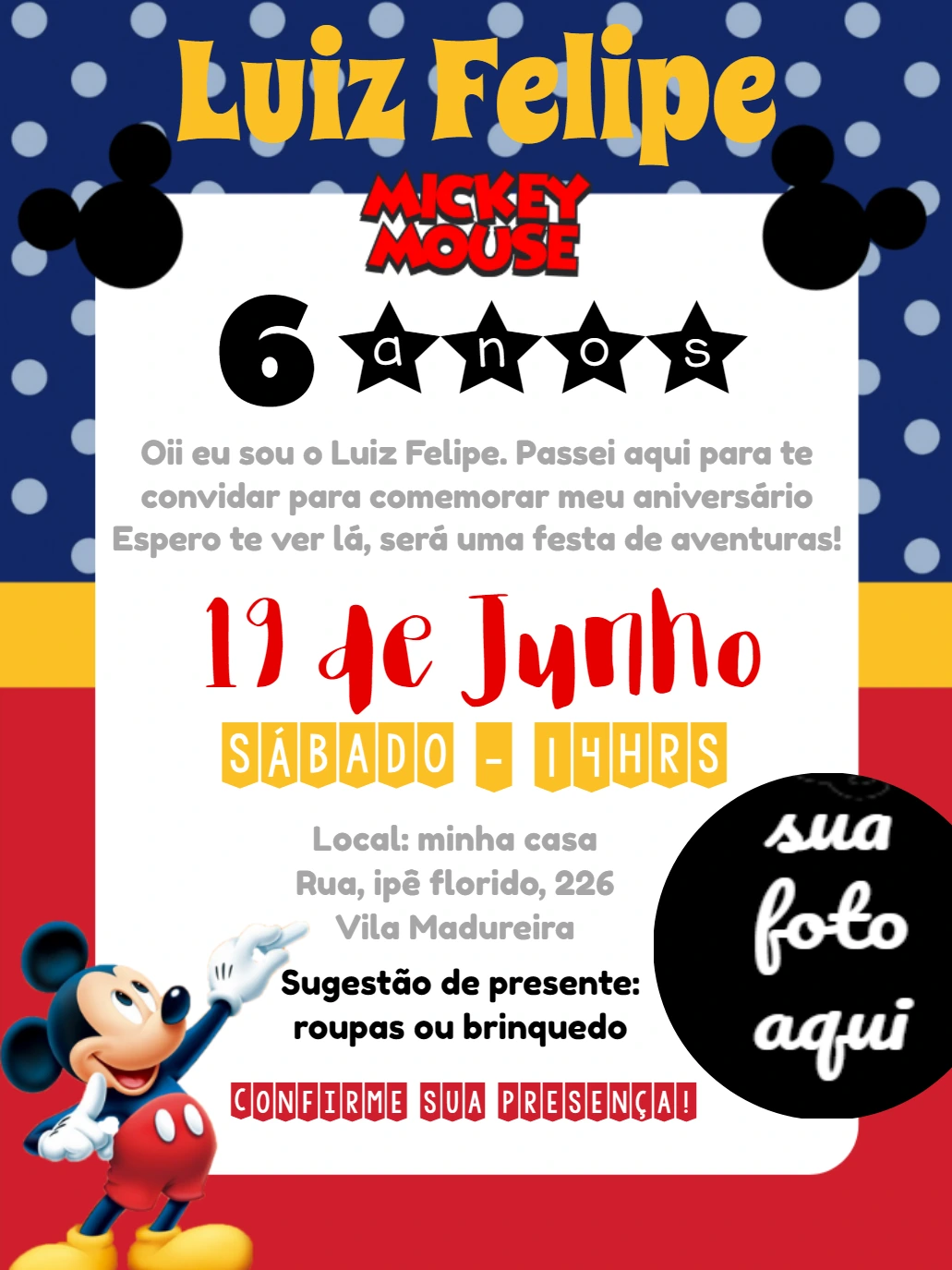 Convite Aniversário Mickey Mouse com Foto para Editar Online