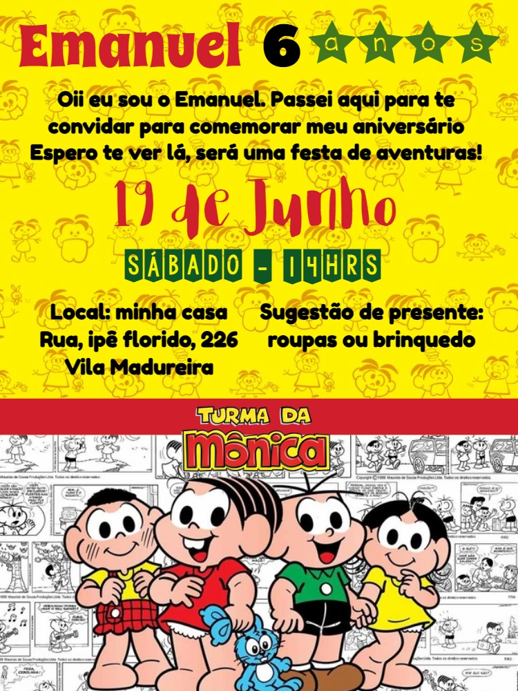 Convite Aniversário Turma da Mônica para Editar Online