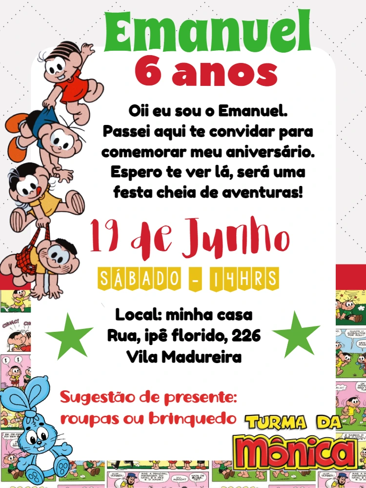 Convite de Aniversário Turma da Mônica para Editar Online