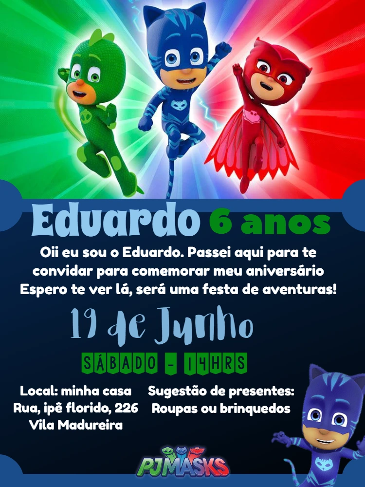 Convite de Aniversário PJ Masks com Heróis para Editar Online