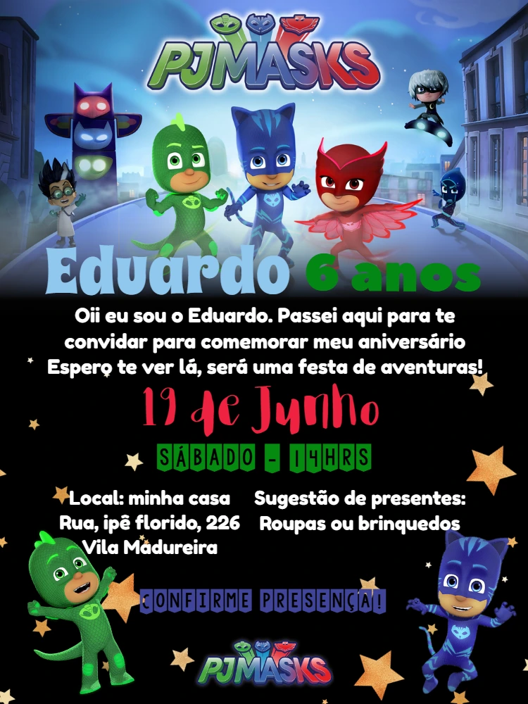 Convite de Aniversário PJ Masks Editável com os Heróis