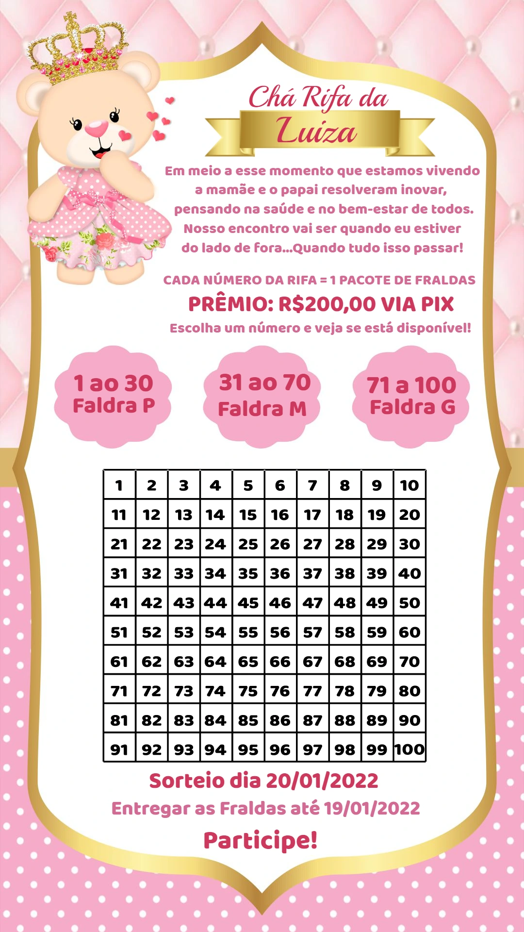 Chá Rifa Ursinha Princesa Rosa e Dourado para Editar Online