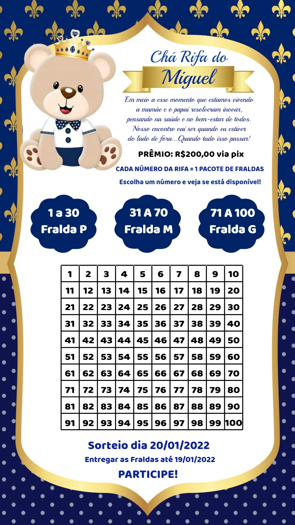 Chá Rifa Ursinho Príncipe Azul e Dourado para Editar Online