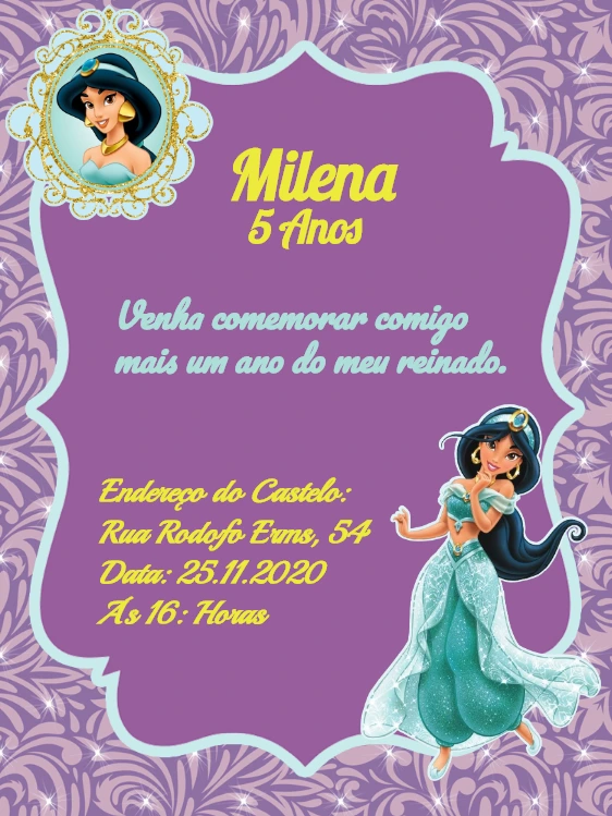 Convite de Aniversário Princesa Jasmine para Editar Online