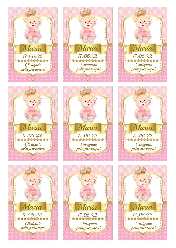 Tag Ursinha Princesa para Lembrancinha para Editar Online
