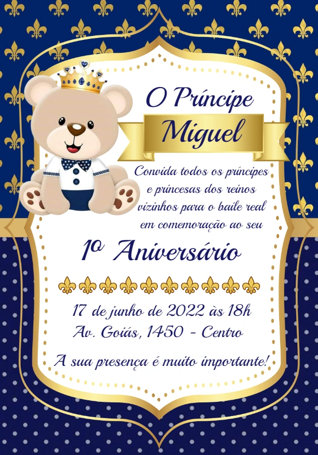 Convite Aniversário Ursinho Príncipe para Editar Online