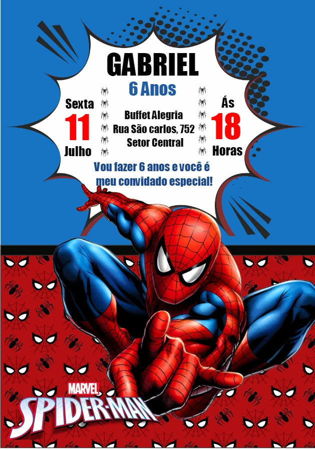 Convite de Aniversário Homem Aranha para Editar Online