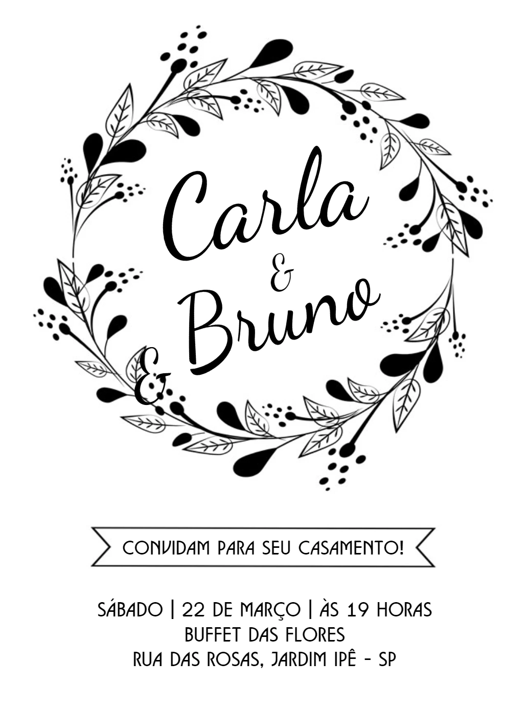 Convite de Casamento Folhagem Preto e Branco para Editar Online