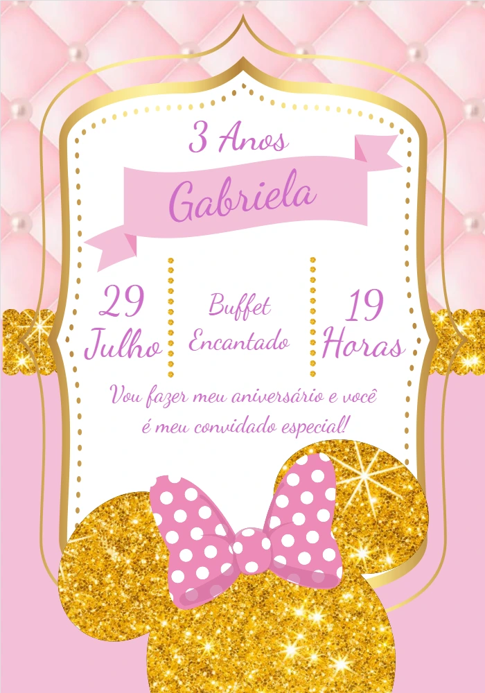 Convite Aniversário Minnie Rosa e Dourado para Editar Online