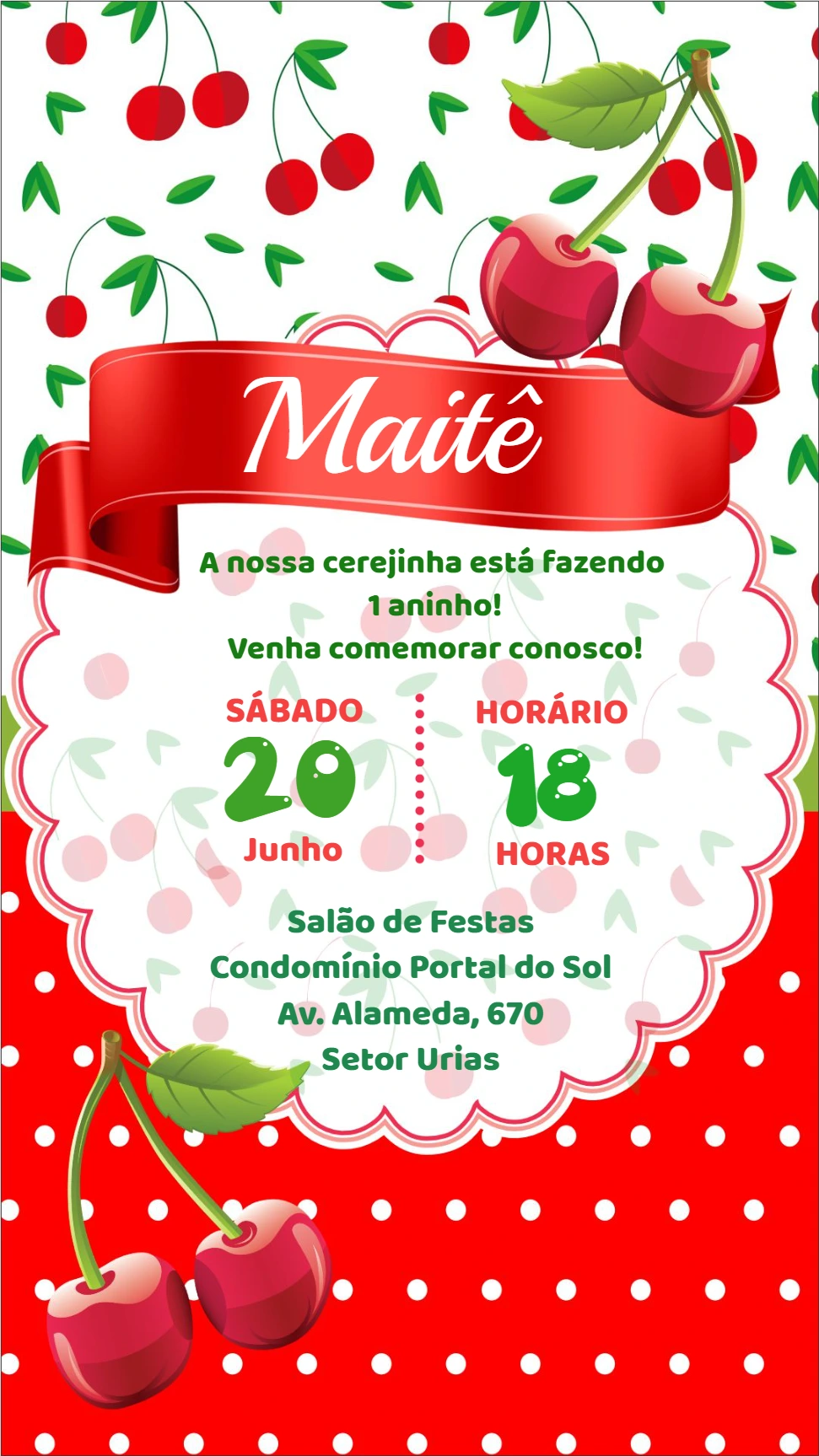 Convite de Aniversário Cerejinha para Editar e Imprimir