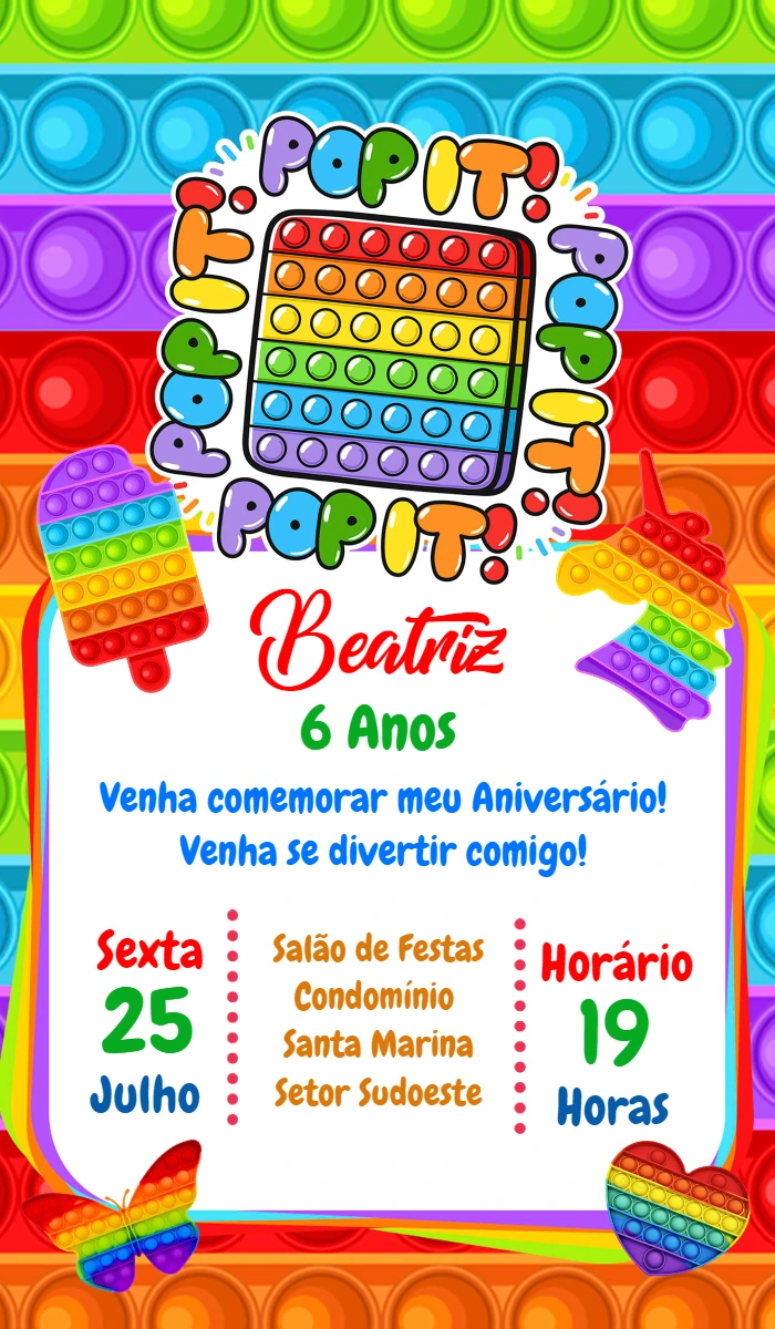 Convite Aniversário Pop It Colorido para Editar Online