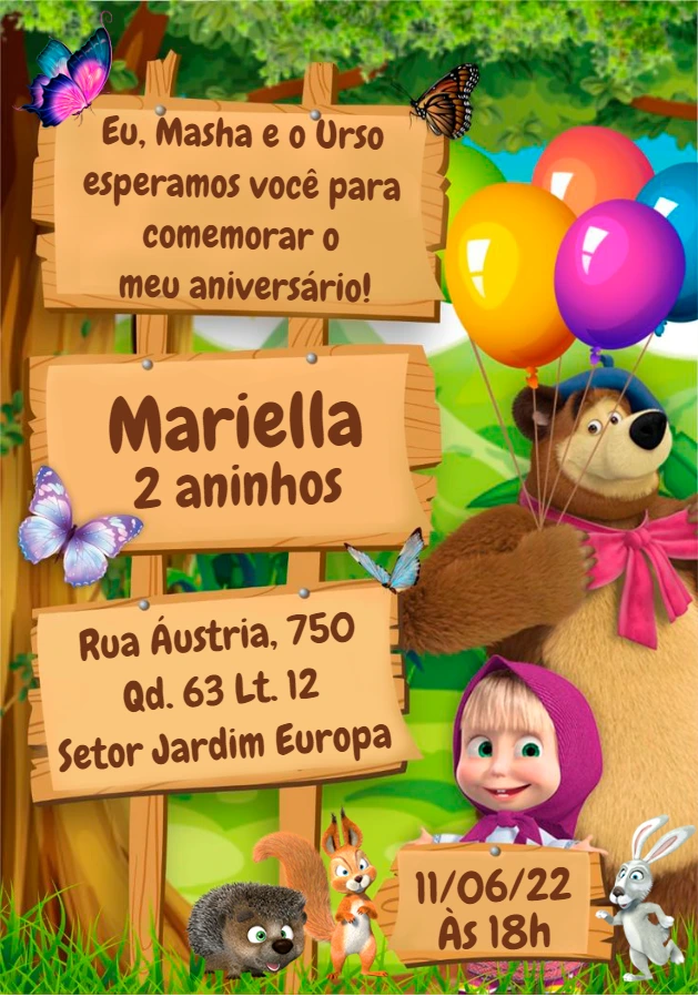 Convite de Aniversário Masha e o Urso para Editar Online