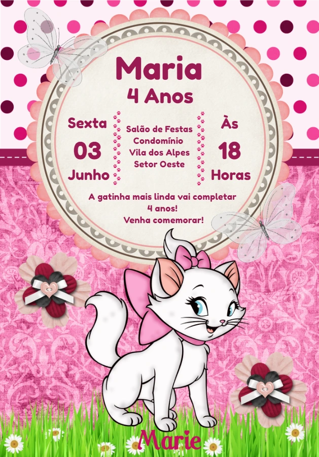 Convite Aniversário Gatinha Marie para Editar Online