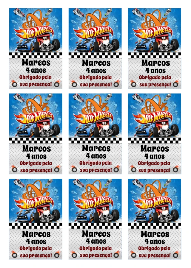 Tag de Aniversário Hot Wheels Editável Online para Imprimir