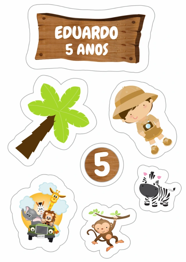 Topo de Bolo Festa Safari com Elementos para Editar Online