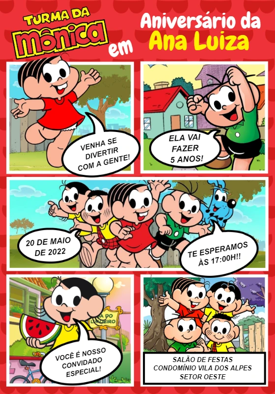 Convite de Aniversário Turma da Mônica para Editar Online