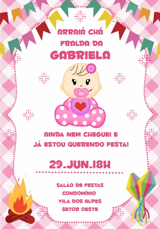 Convite Chá de Fralda Arraiá Menina para Editar Online