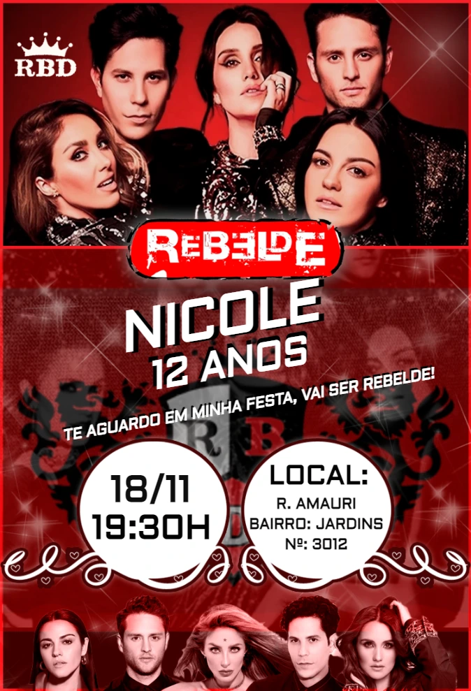 Convite Aniversário Rebelde RBD para Editar Online