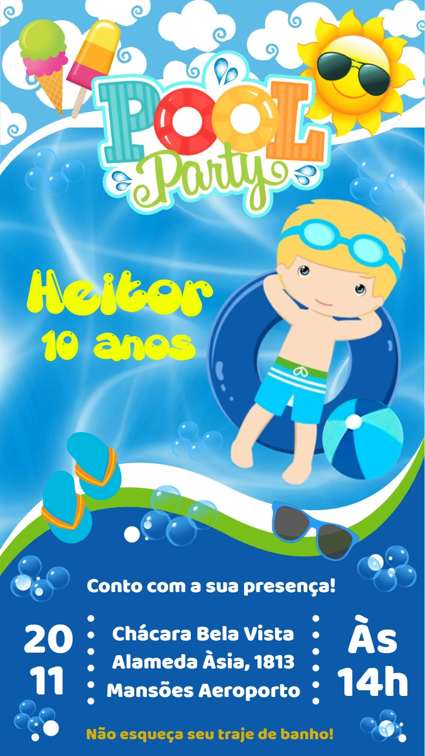 Convite Aniversário Pool Party Menino para Editar Online