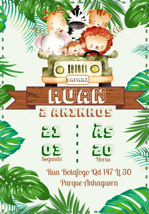 Convite Aniversário Safari Baby com Animais para Editar Online