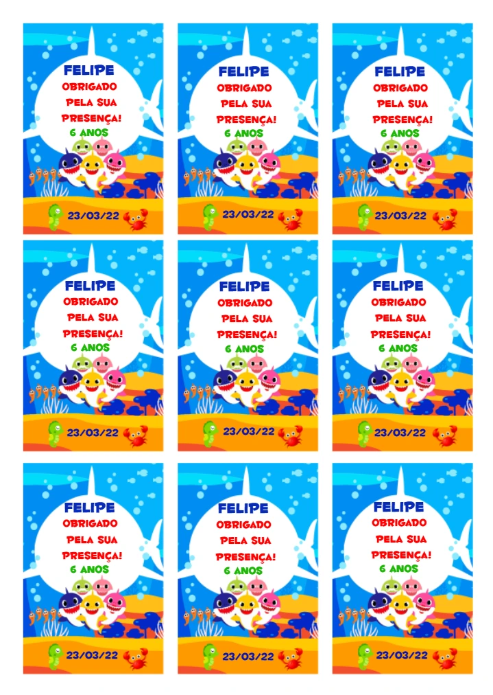 Tag de Agradecimento Aniversário Baby Shark para Editar Online