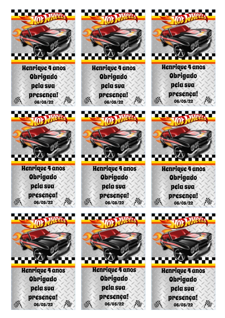 Tag de Agradecimento Aniversário Hot Wheels para Editar