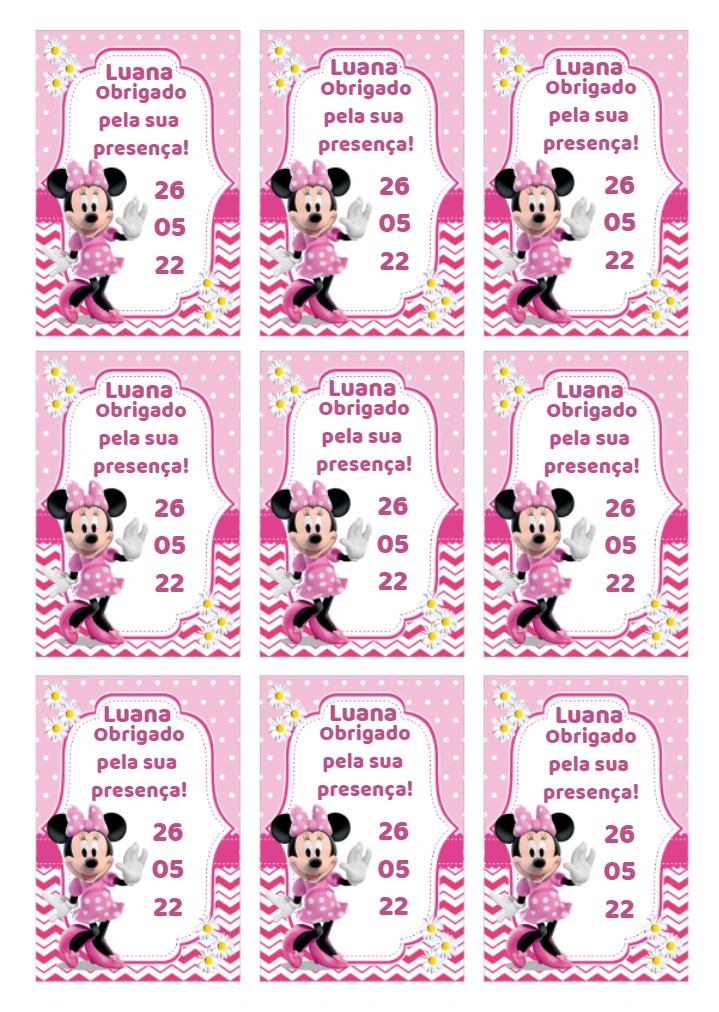 Tag de Aniversário Minnie Rosa para Editar e Imprimir