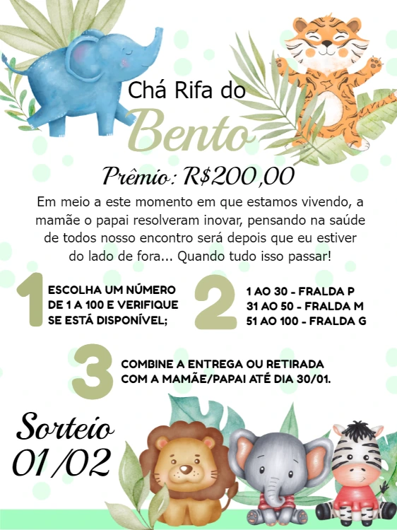 Convite Chá Rifa Safari com Animais para Editar Online