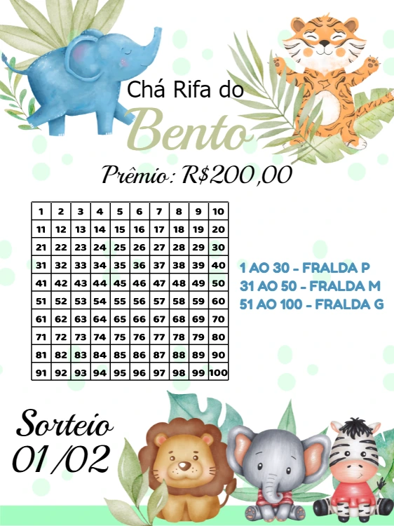 Rifa Chá de Bebê Safari com Animais para Editar Online