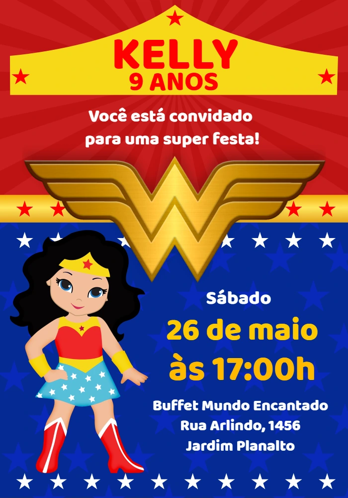 Convite de Aniversário Mulher Maravilha para Editar Online