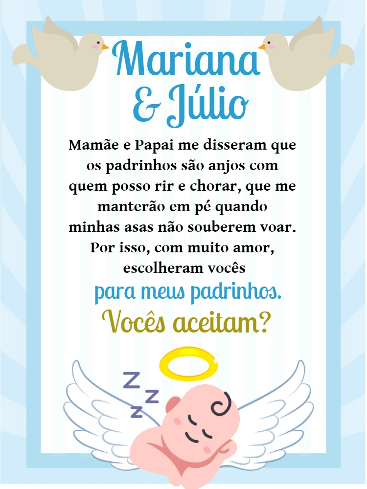 Convite Padrinhos de Batismo Anjinho para Editar Online
