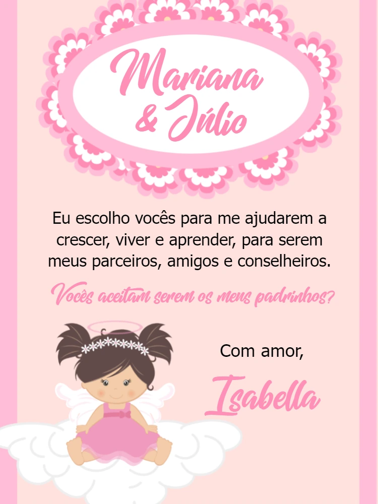 Convite Padrinhos de Batismo Menina Anjo para Editar Online