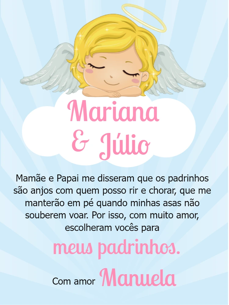 Convite Padrinhos de Batismo Anjinho para Editar Online