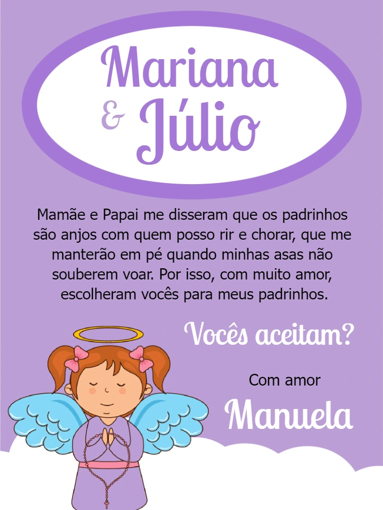 Convite para Padrinhos de Batismo Anjinha para Editar Online