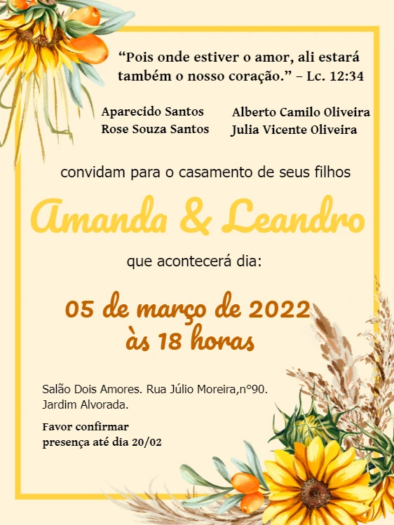 Convite de Casamento Floral com Girassóis para Editar Online