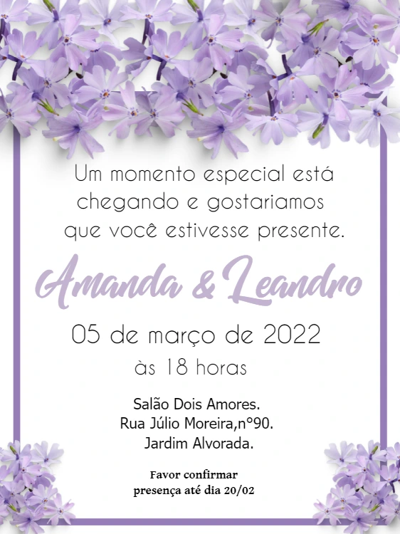 Convite de Casamento Floral Lilás para Editar Online