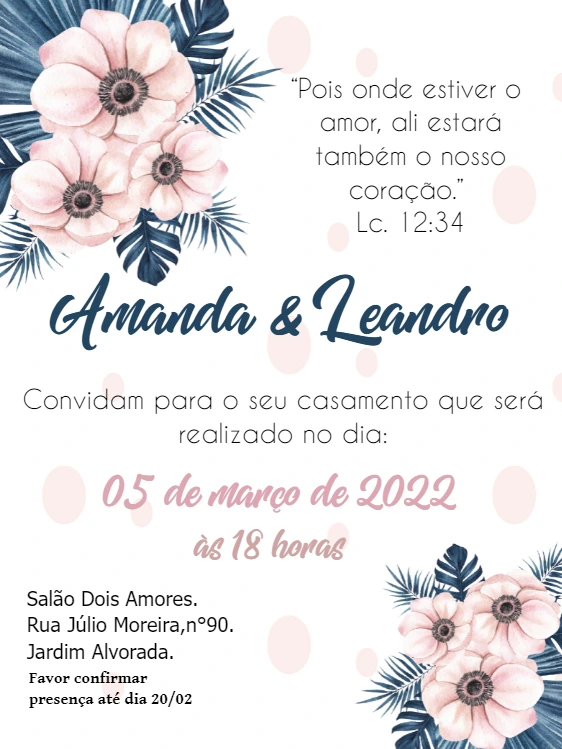 Convite de Casamento Floral Azul e Rosa para Editar Online