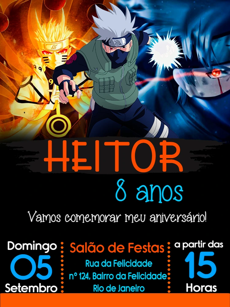 Convite de Aniversário Naruto e Sasuke para Editar Online